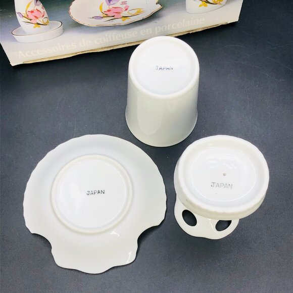 80s Floral Porcelain Vanity Accessory SET - toothbrush holder/soap dish/cup- NOS - Picture 4 of 11